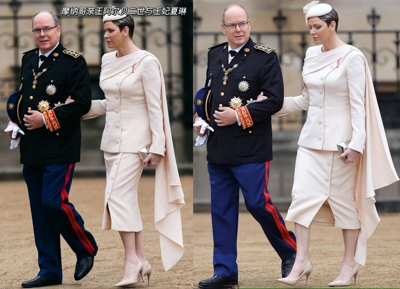 在查尔斯加冕礼上，摩纳哥王妃顶着标志性短发，搭配礼服尤为别致